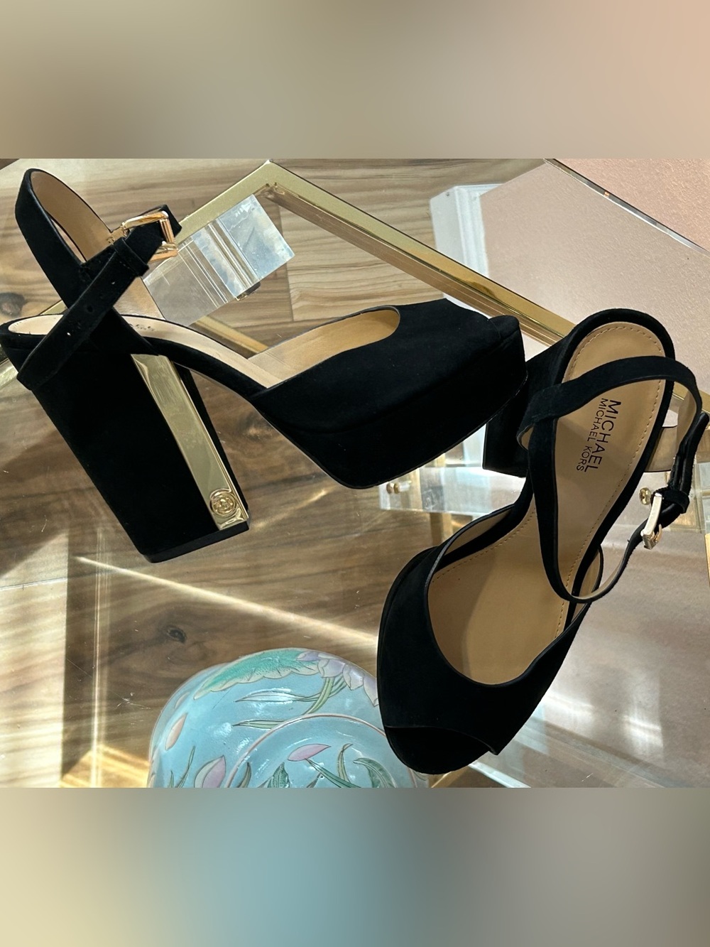Michael Kors Black Suede Leather Platform Heels with Gold Block Heel Size 7 - Picture 11 of 16